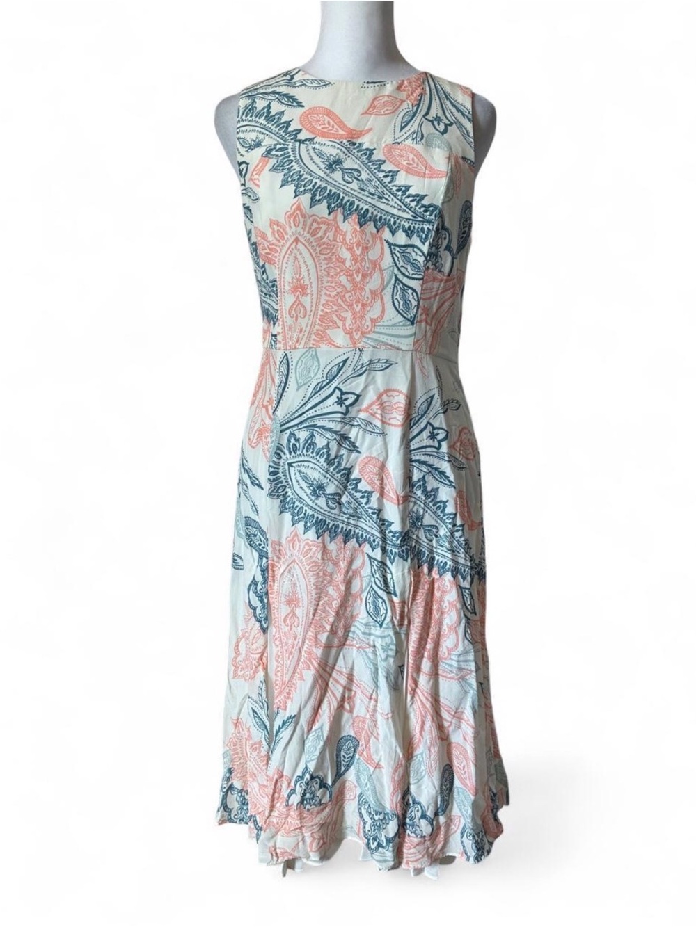 Shoshanna Silk Paisley Print Pleated Coral Blue Ivory Midi Dress size 6 - Picture 2 of 8